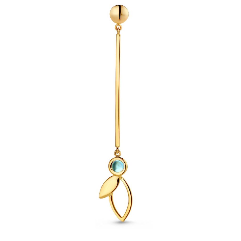 Beweegbare asymmetrische oorbel18k gold swiss blue topaz